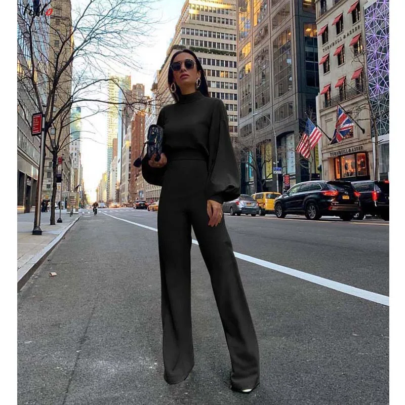 High Street Boot Cut Spring and summer new half-high collar lantern sleeves simple and elegant OL wind jumpsuit fashion temperam