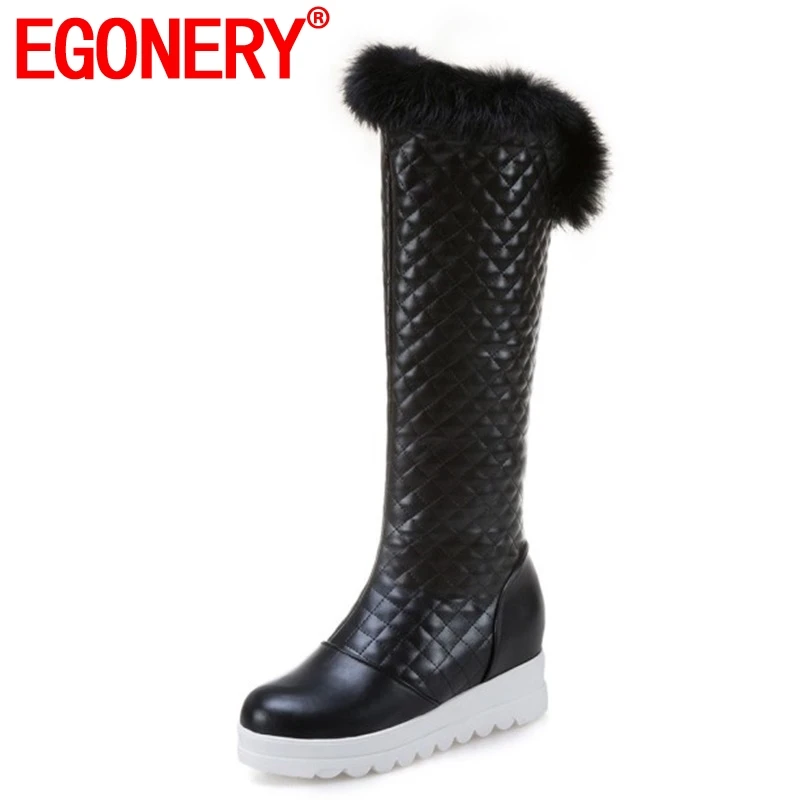 

EGONERY women shoes 2019 new fashion round toe high height increasing zip three colors large size winter knee high snow boots