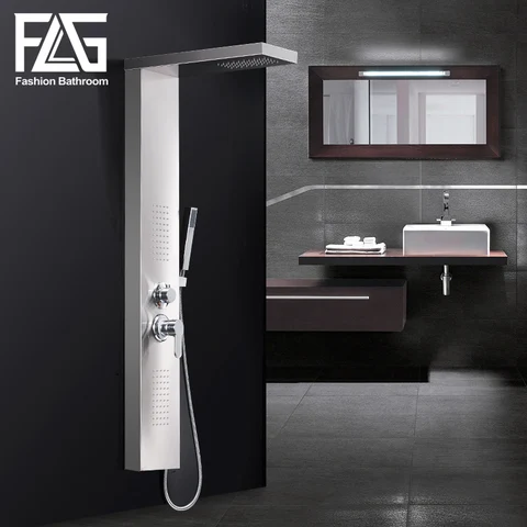 Painel de Aço Inoxidável de Níquel Montado na Parede Torneira do Chuveiro com Jatos Escovado Cachoeira Chuva Chuveiro Handshower Coluna Flg