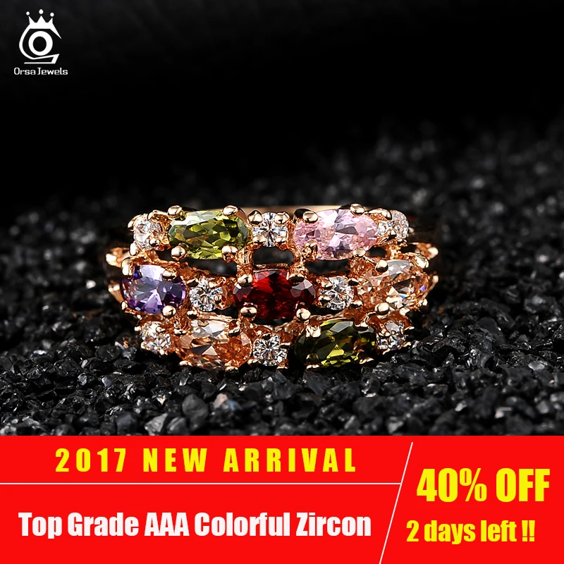 ORSA JEWELS Luxury Rose Gold Color Zircon Rings Paved Colorful AAA Austrian CZ Wedding Engagement Rings Jewelry for Women OMR01
