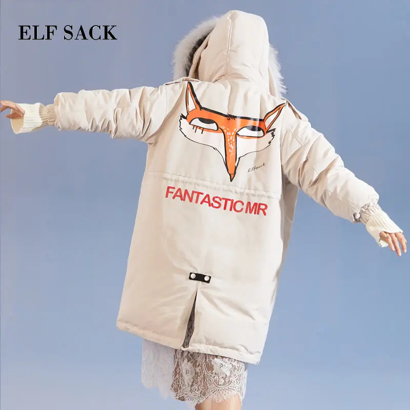 ELF SACK Women Winter Long Down Coats Fox Prints Hooded Fur White Duck Down Coats Warm Thick Longs Down Jackets Fashion Week Coats
