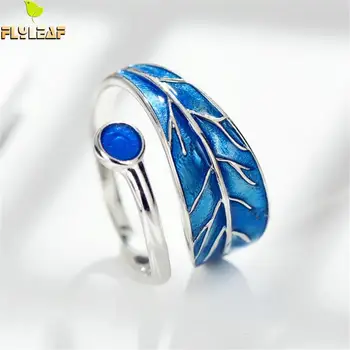 

Flyleaf 100% 925 Sterling Silver Blue Drop Glaze Leaves Open Rings For Women Creative Design Lady Fashion Jewelry