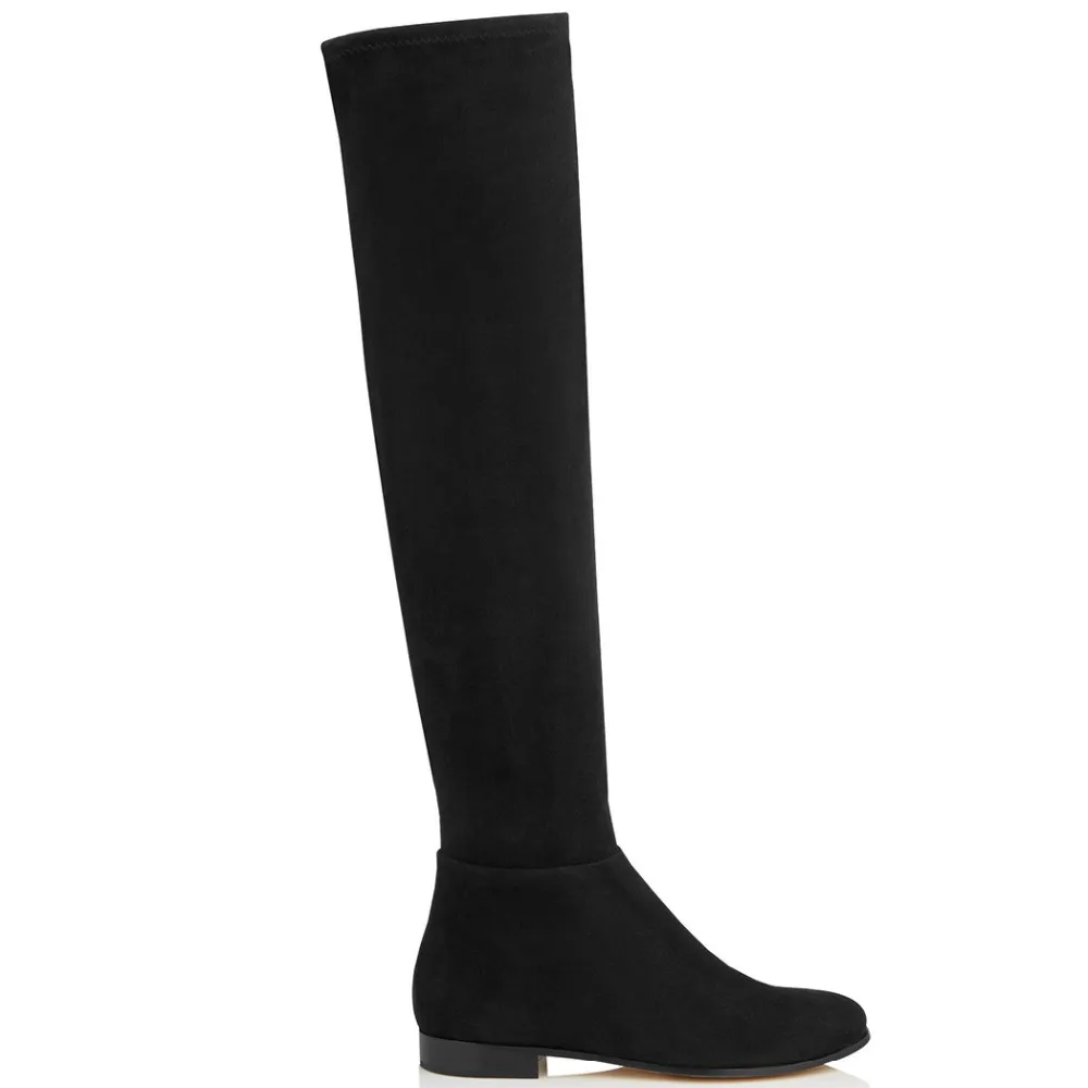 Новинка; черные, серые замшевые женские сапоги до колена на плоской подошве с круглым носком; модная обувь; женская обувь; Zapatos Botas Mujer; большие размеры 4-16 - Цвет: Black