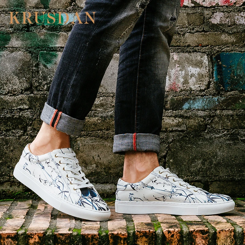 Pisos Calidad Cuero Zapatillas Hecha Masculino De Zapatos Impresión Los Mano Hombres Moda Adulto White Tenis A Genuino Costura Alta 6Sf1gf