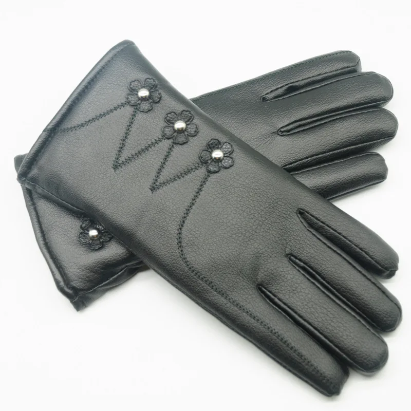 Fashion Pearl Flower Winter Women Touch Screen PU Leather Warm Driving