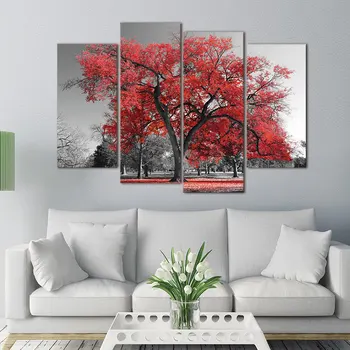 

Photo Wall Modular Pictures For Living Room Decorative 4 Panel/Pcs Red Tree Landscape Abstract Frame HD Poster Canvas Painting