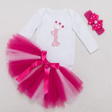 Комплект из 3 предметов; Лидер продаж; розовое платье с длинными рукавами для маленьких девочек; платье для первого дня рождения; нарядная одежда с короной; комбинезон; юбка-пузырь; повязка на голову