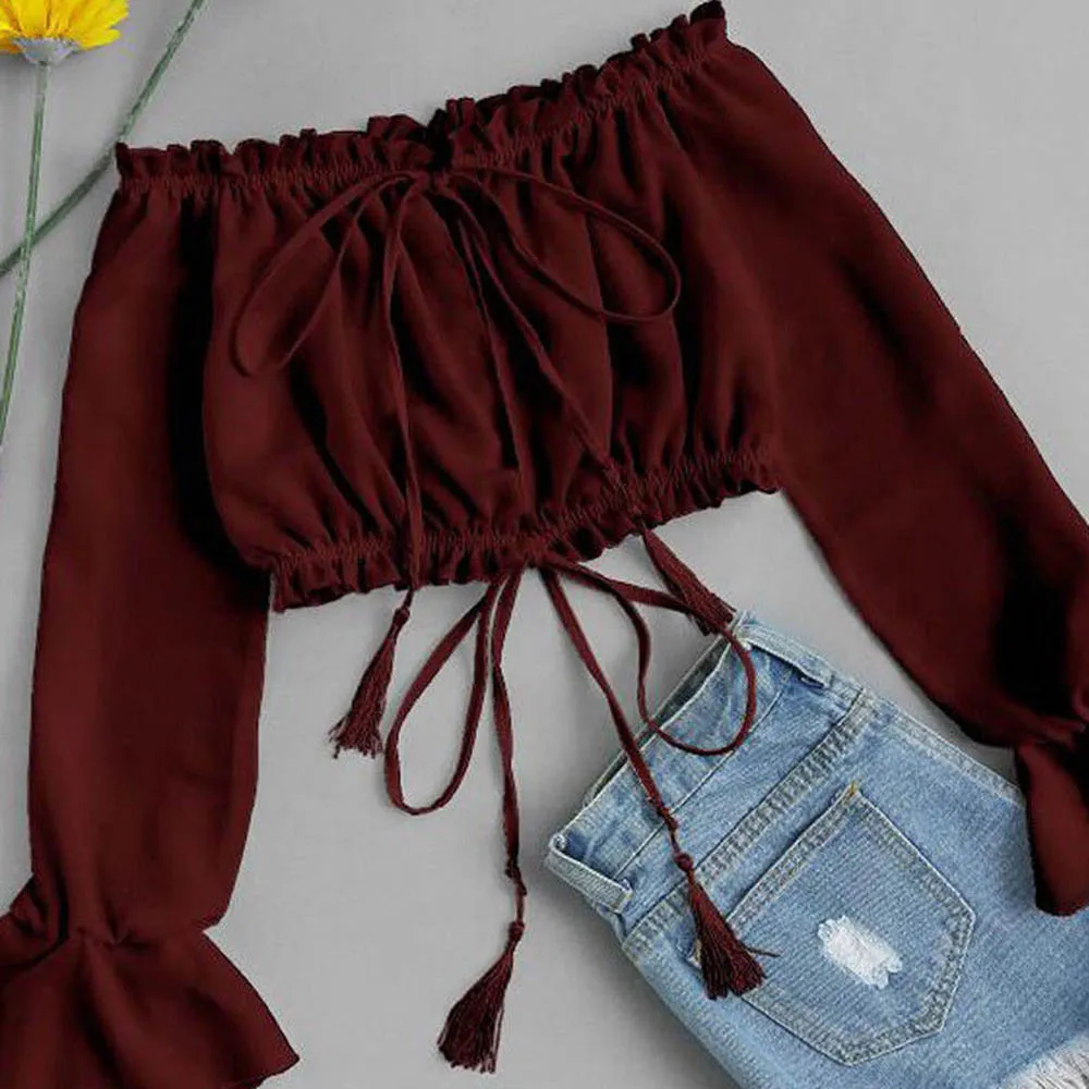 الصيف بلوزات غير مغطية للكتف أعلى طويلة الأكمام السترة عارضة بلوزة قمم الملابس قميص مع القوس حزام فضفاضة عارضة قمم إمرأة