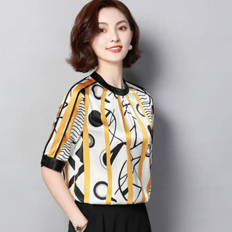 

Summer new plus size women's loose shirt temperament elegant fashion silk print Slim short-sleeved blouse M-4XL