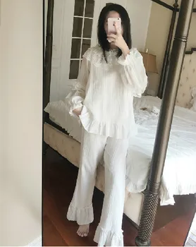 

RenYvtil Summer Cotton Princess Sleepwear Women Air Condition Cloth+Pant Palace Lace Long-Sleeve Home Wear 2 Pieces Pajamas Suit