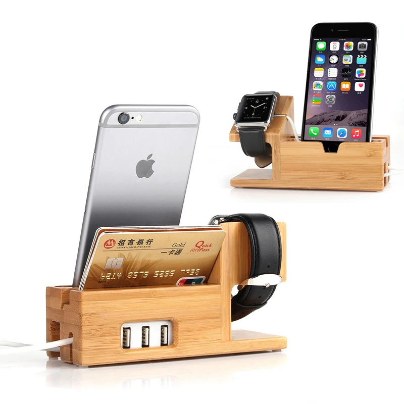 Luxury For Apple Watch Wood Stand Holder With 3 USB Ports