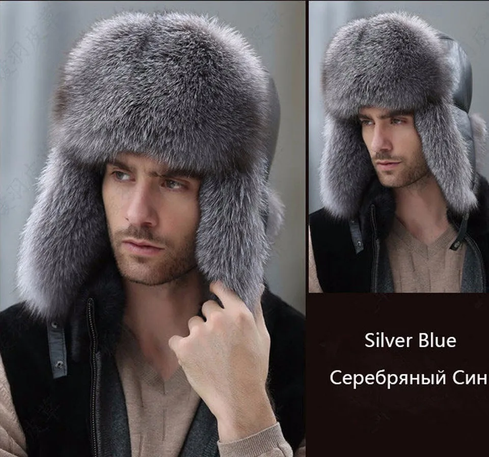 Russian leather bomber leather hat men winter hats with earmuffs trapper earflap cap man real raccoon fur black fox hatska 13