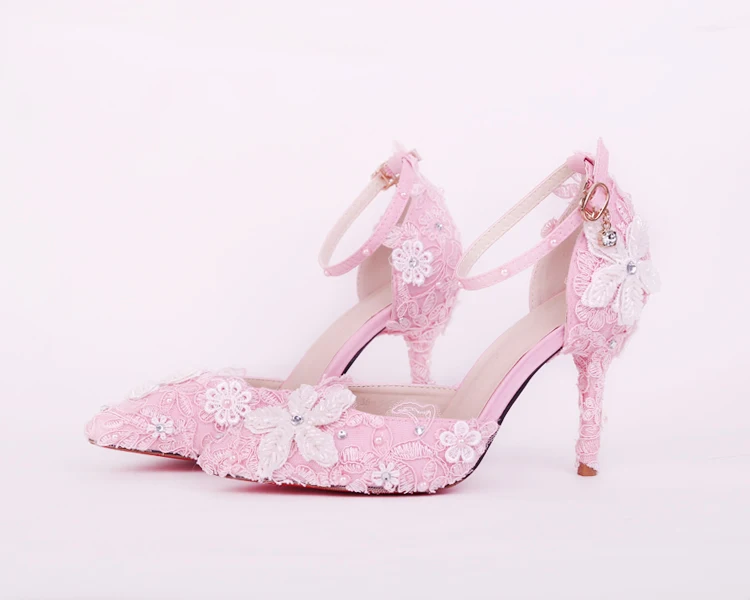 8_2017 Spring Blue Lace Flower Bridal Shoe White Pearl Diamond Rhinestone Wedding Shoes Pointed High Heel Sandals For Ladies