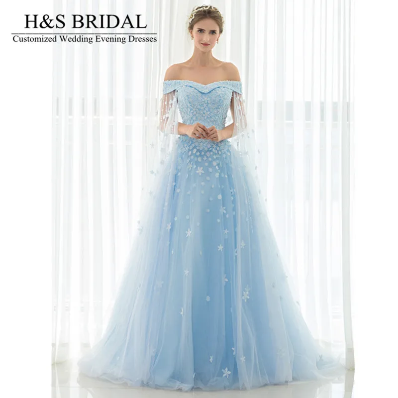 H&S Off Shoulder Blue long prom dresses With Shawl Lace Up Evening Gown Lace Applique Crystal Pearls Beaded Cheap Evening Dress