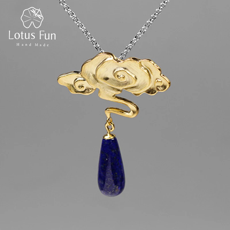 

Lotus Fun Real 925 Sterling Silver Nature Lapis Stone Fine Jewelry Vintage Peace Clouds Pendant Without Chain Necklace for Women