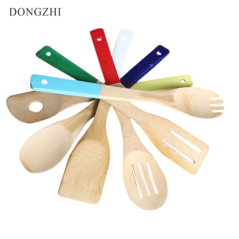 

6 Pcs Bamboo Spoons Spatula Non-Stick Cooking Utensils Cooking Spoons For Kitchen With Colorful Handle Wooden Spatulas WH002