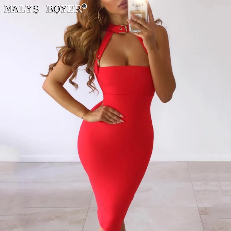 

2019 Hot Hanging Neck Hole Solid Dress Sexy Beach Party Bodycon Casual Red Office Dress Summer Suit-dresses
