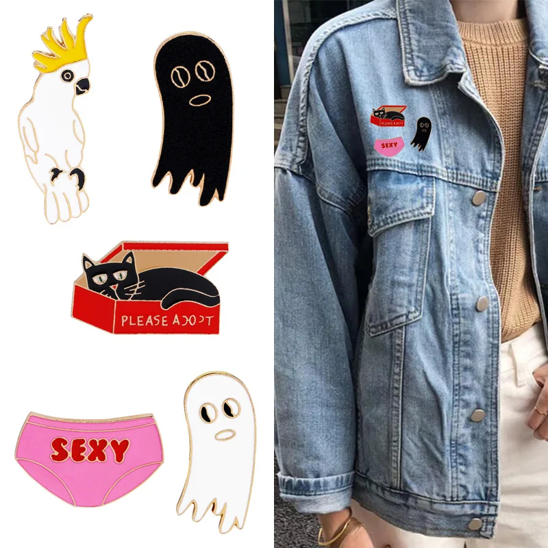 

2018 Cute brooch cartoon parrot black cat black and white ghost creative personality brooch jewelry clothing accessories unisex