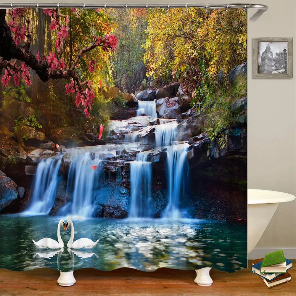 

Nature Landscape Shower Curtian 3D Waterfall Scenery With Swan in the Water Design Bathroom Polyester Curtain Included Hooks