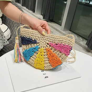 

Personality rainbow hit color semicircle artificial weaving straw bag Hawaii style tassel single shoulder diagonal female bag