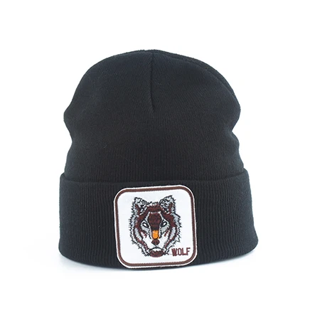 Dropshipping Womens Beanie Hat Warm Winter Knitted Hats For Men Wolf Embroidery Hip Hop Cap Slouchy Skullies Beanies 
