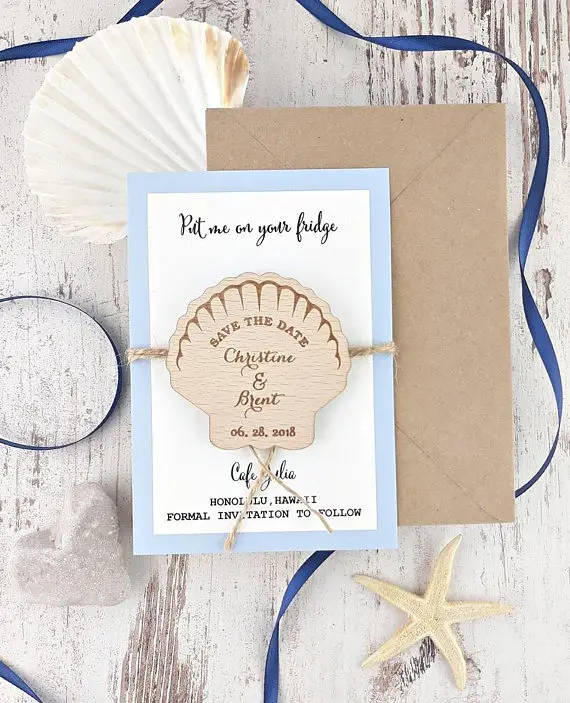 

custom seashell beach Wedding invitation cards with wooden Save the Date Magnets engagement Announcement party favors gifts