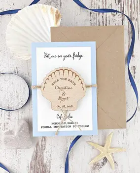 

custom seashell beach Wedding invitation cards with wooden Save the Date Magnets engagement Announcement party favors gifts