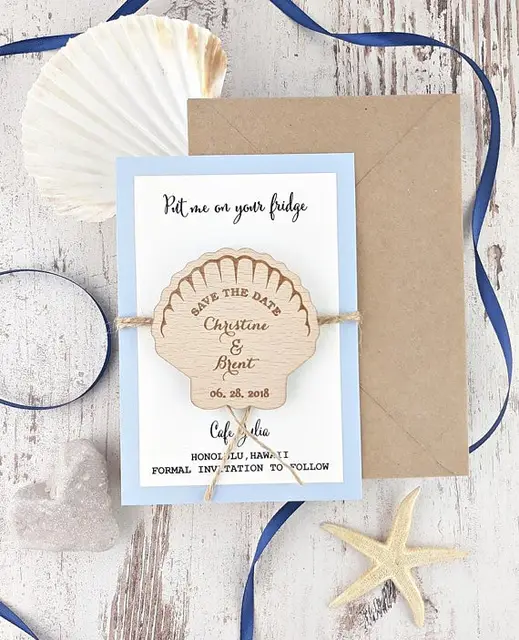 Custom Seashell Beach Wedding Invitation Cards With Wooden Save The