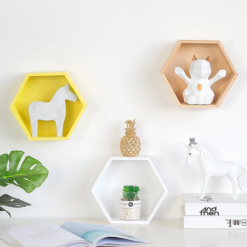 

Baffect 3PCs/lot Nordic Honeycomb Hexagon Shelves Storage Shelf Wooden Hanging Storage Rack Holder Baby Bedroom Decoration
