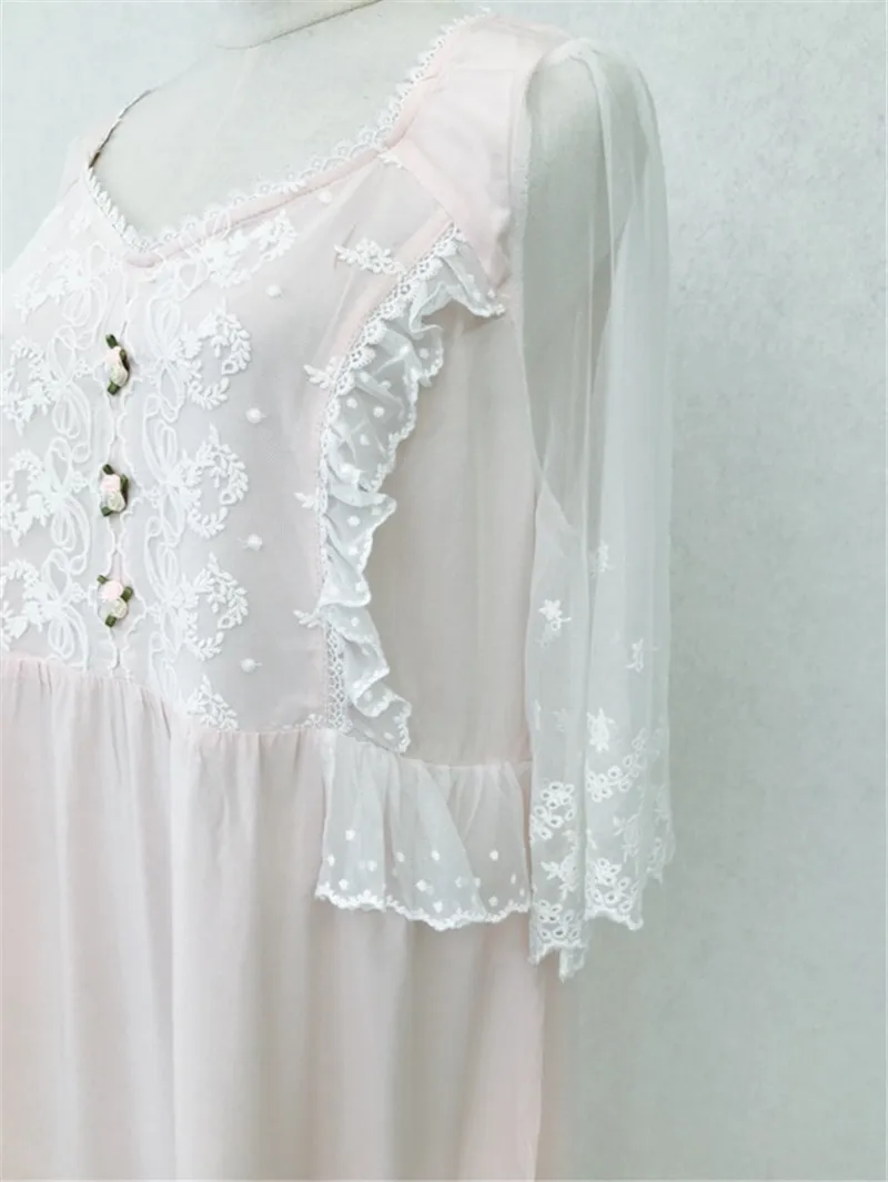 Летняя Длинная атласная ночная рубашка для сна с кружевом, домашнее платье, розовые ночные рубашки принцессы, хлопковая ночная рубашка с вышивкой# P117