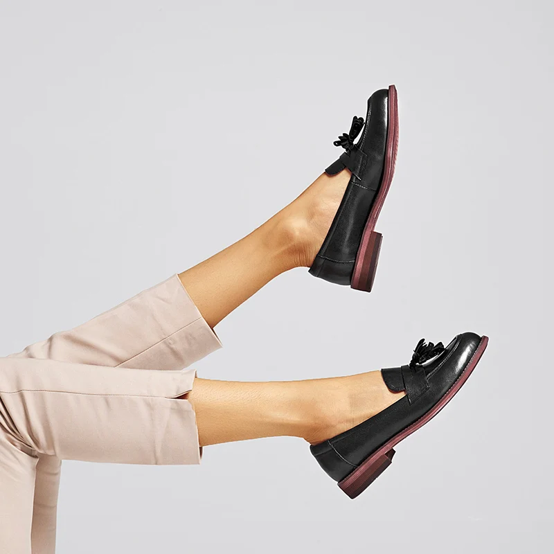 BeauToday Tassels Penny Loafers Women Waxing Sheepskin Genuine Leather Pointed Toe Ladies Slip On Flat Shoes Handmade A27075
