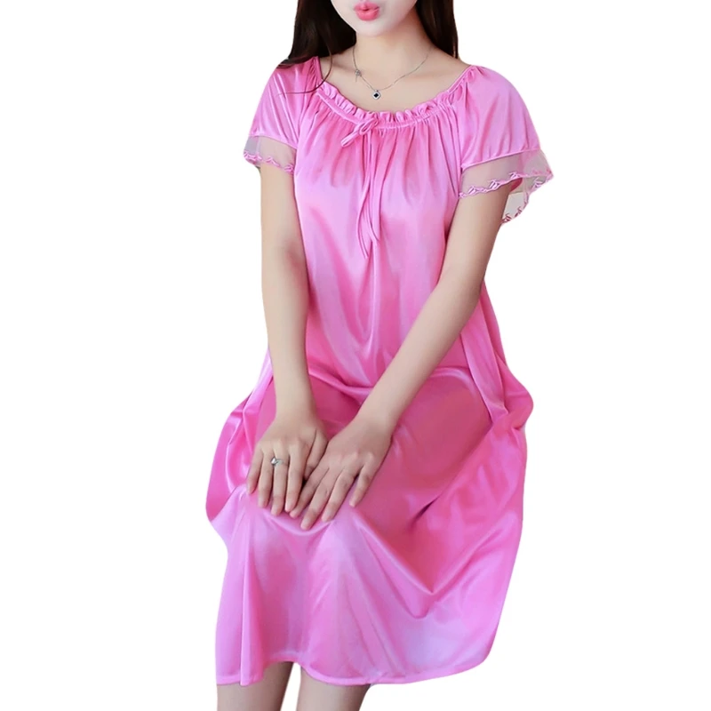 Женская летняя кружевная шелковая длинная ночная рубашка с коротким рукавом свободного размера плюс ночная рубашка XL Однотонная ночная рубашка Домашняя одежда N9_D - Цвет: Like Pic