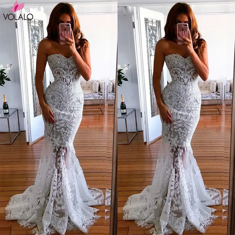 

Women Romantic White Vestido Lace Sleeveless Strapless Camis Floor-Length Long Maxi Dress Open Back Wrapped Fishtail Party Dress