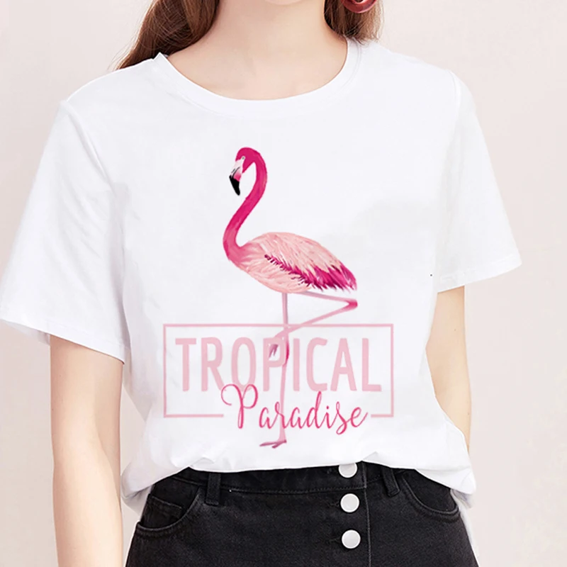 

Summer T shirt Women Harajuku Printing Flamingo Casual Fashion Tshirt O-neck White Tops Female Clothing Short Sleeve T-shirt