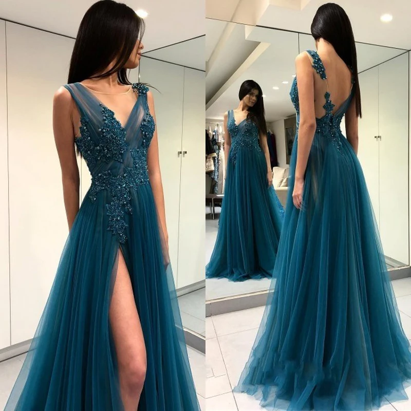 

U-SWEAR 2019 Sexy Long Prom Dresses V-Neck High Slit Appliqued Tulle Backless Long Evening Party Gowns For Women