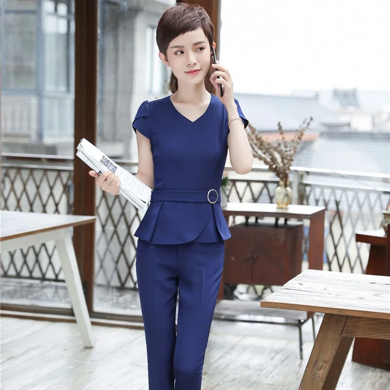 

Formal 2 Piece With Tops And Pants For Women Uniform Styles Pantsuits Career Interview Job Blazers Set Summer Short Sleeve