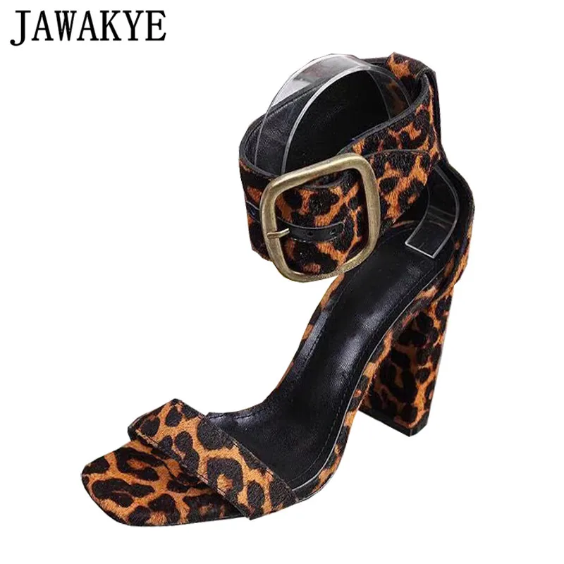 

High Quality Horsehair Leopard Sandals Women Peep Toe 10.5 CM Chunky High Heels Summer Shoes Woman Metal Buckle Sexy Party Shoes