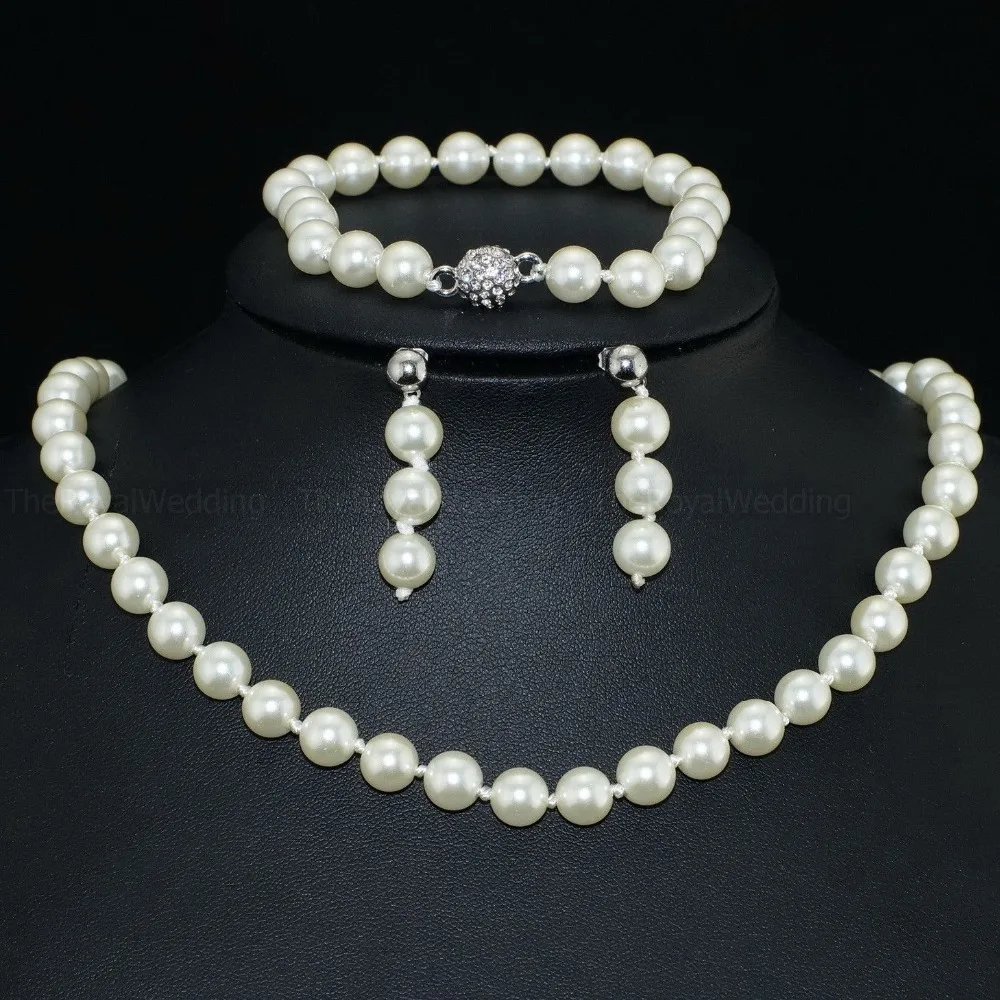 

07883 Pearl Earrings Bracelet Necklace Set Bridal Party Gift (A0423)