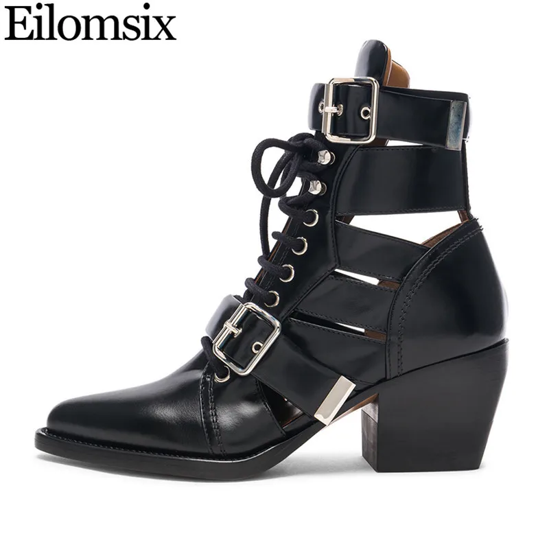 

Eilomsix 2019 Cut Out Genuine Leather Ankle Boots Woman Lace Up Closed Toe Chunky heels Rome boots Women Runway Martin boots