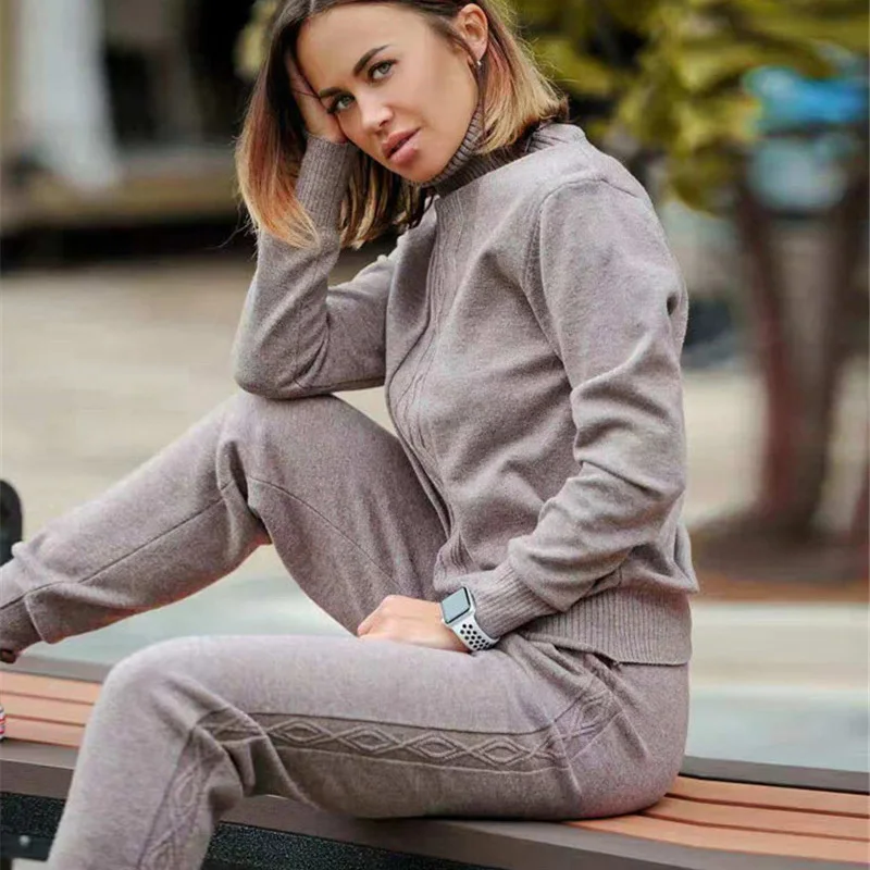 

Women sweater suit and sets knitted turtleneck pullovers and long pants for autumn winter good quality sweater customs sets