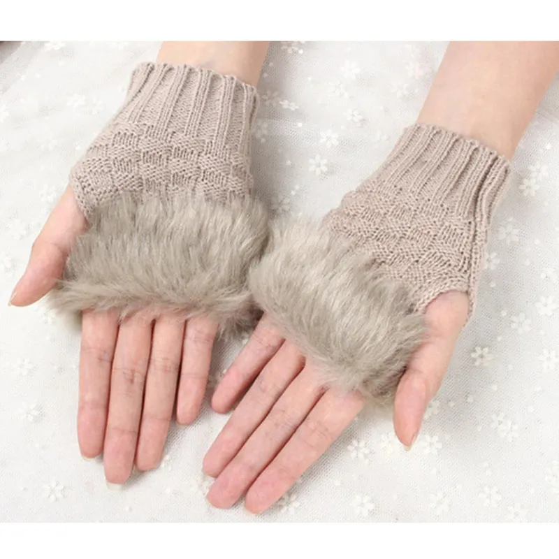 2022 Winter Women Gloves Warmer Stylish Gloves Knitting Faux Wool Mitten Fingerless Rabbit Fur Gloves Arm Wrist Gants Femme Gift