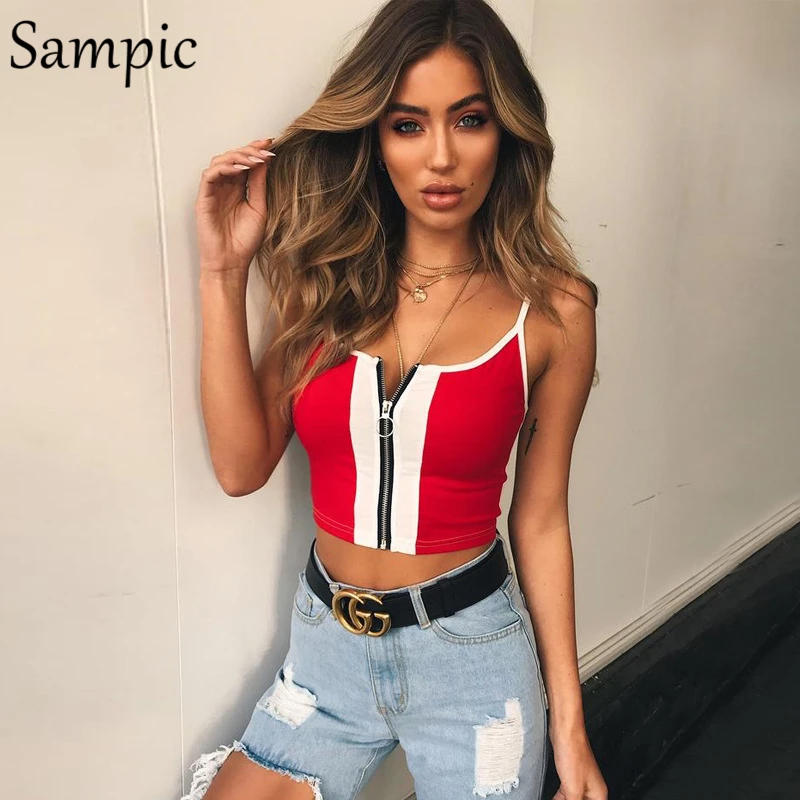 

Sampic women zipper red off shoulder crop top sleeveless backless summer causal party club sexy crop top 2019