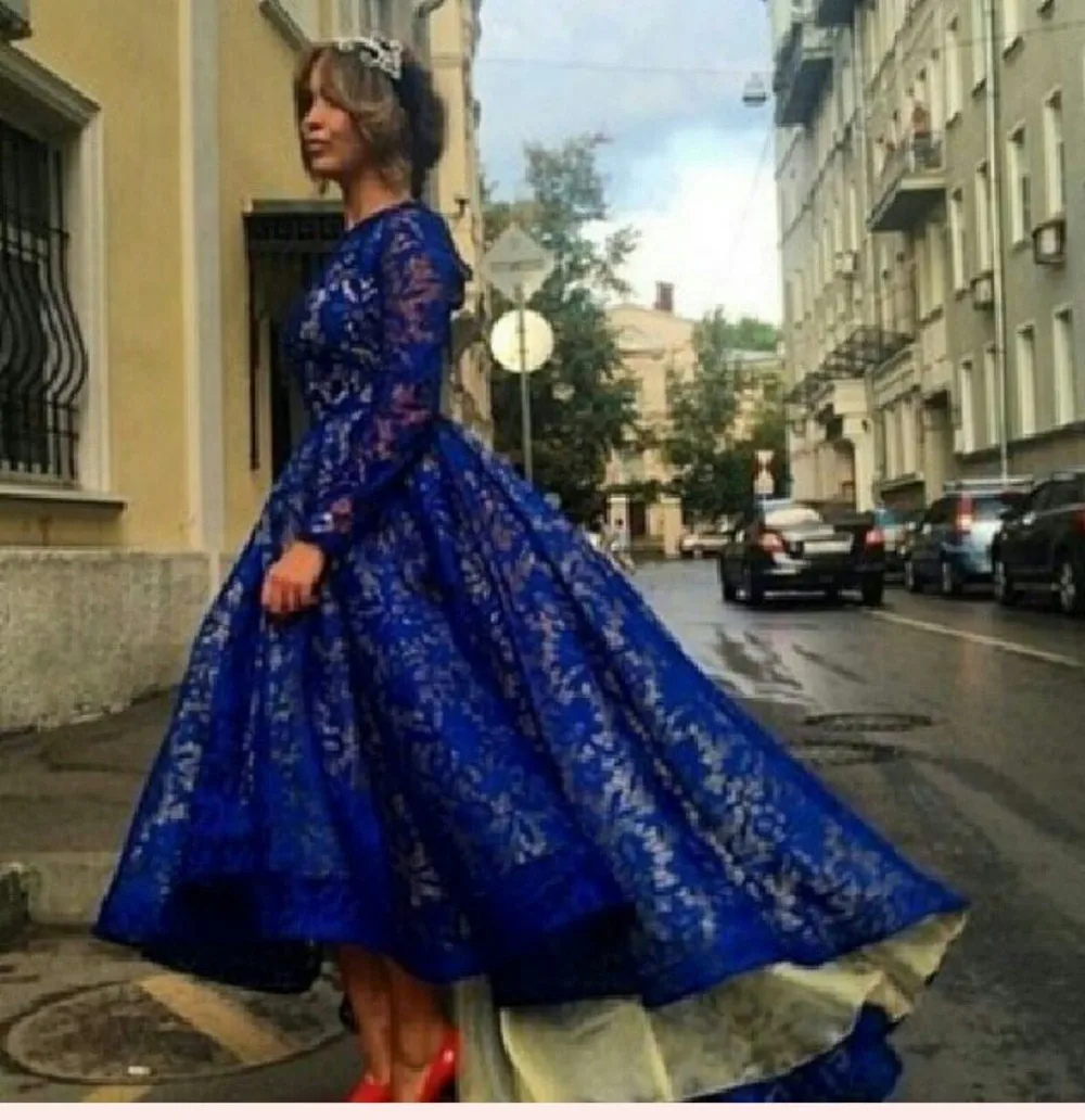 

Royal Blue Lace Hi-Lo Lace Prom Dresses with long sleeves Saudi Arabia Design party dress vestidos de festa