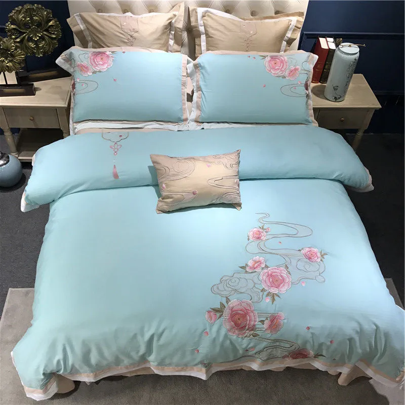 

4/7pcs Elegant flower Embroidery Bedding sets King Queen size Cotton blue Bed set Duvet cover set Bedsheet