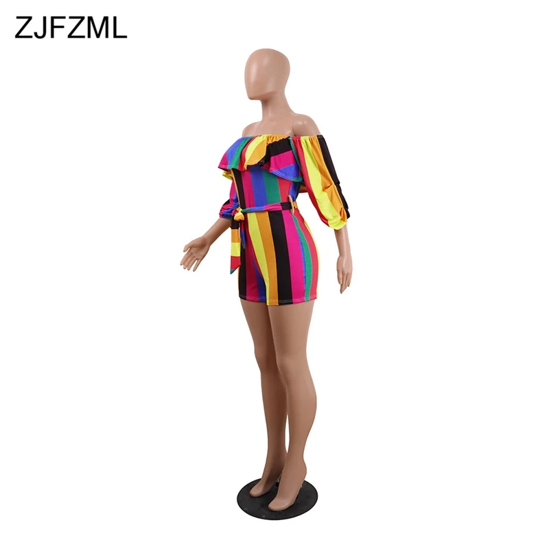 Off Shoulder Rainbow Striped Sexy Bodycon Playsuit 3/4 Lantern Sleeve Floral Print Rompers Womens Club Ruffles Sashes Jumpsuits