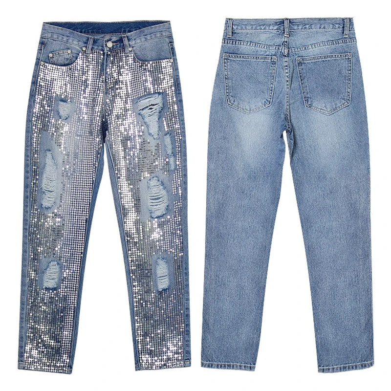 New Fashion Vintage Loose Ripped Sequins Jeans Women Hollow Out Sequined Embroidered Metal Sheets Straight Nine points Pants