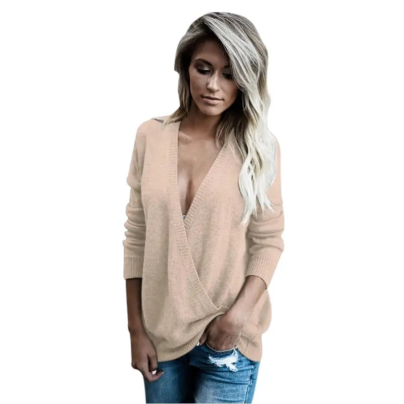 ADEWEL New 2017 Autumn Winter Sexy Deep V Neck Women Knitted Sweaters Blouse Ladies Casual Cross Front Loose Basic Sweater Tops (10)