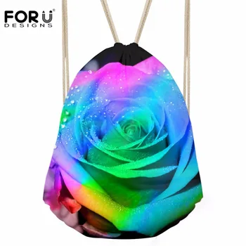 

FORUDESIGNS Women's Drawstring Bag Females Rainbow Flower Printing Packing Bags for Kids Girls Small Fashion Pouch Bolsos Mujer