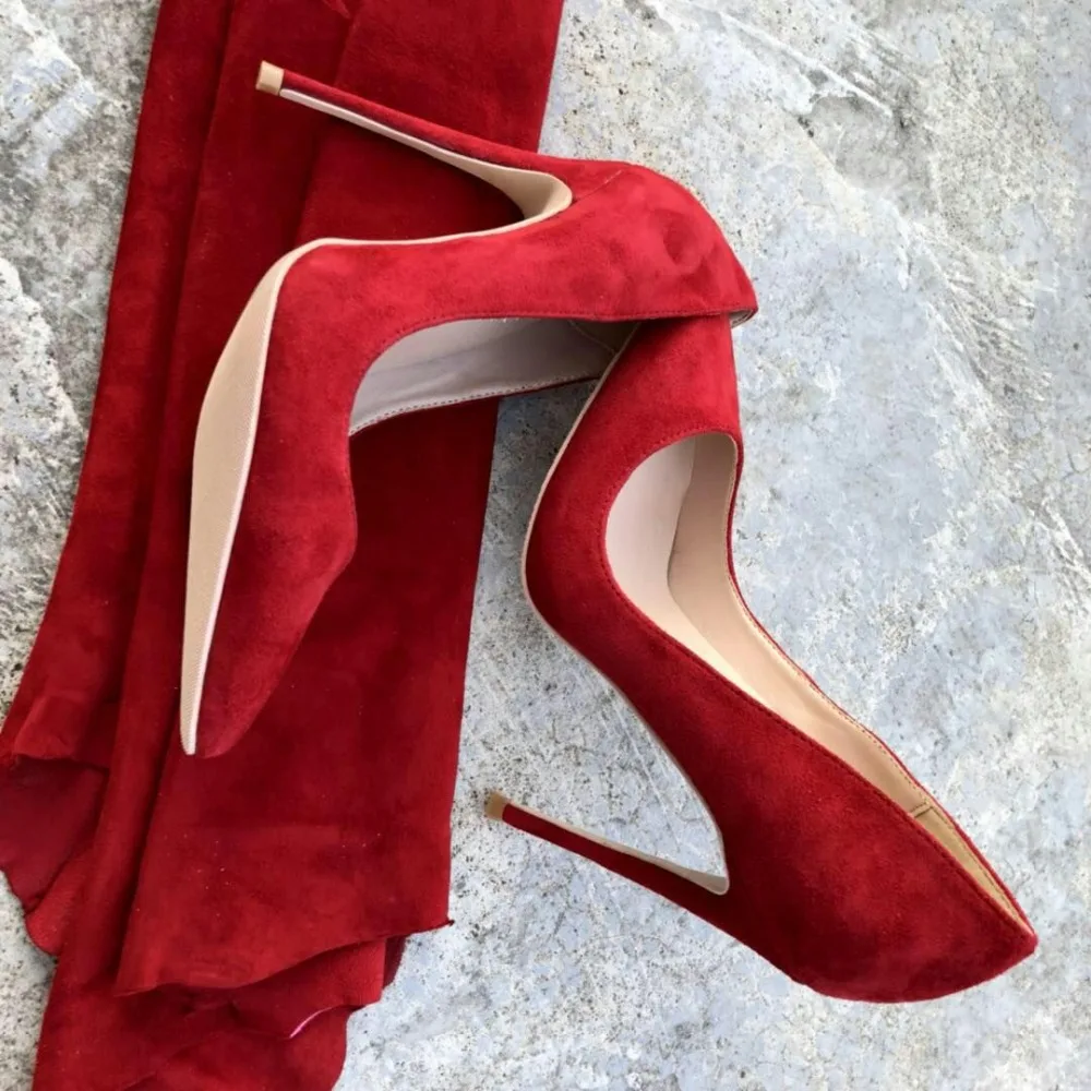 Keshangjia/женские туфли на шпильке 12 см с острым носком; красные замшевые туфли-лодочки на высоком каблуке; свадебные туфли; Размеры 35-44
