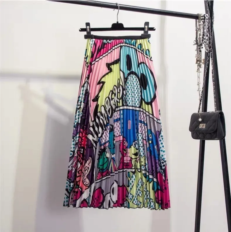 Весенняя женская винтажная плиссированная длинная юбка с рисунком животных, с высокой талией, летняя Корейская трапециевидная женская кофта с капюшоном